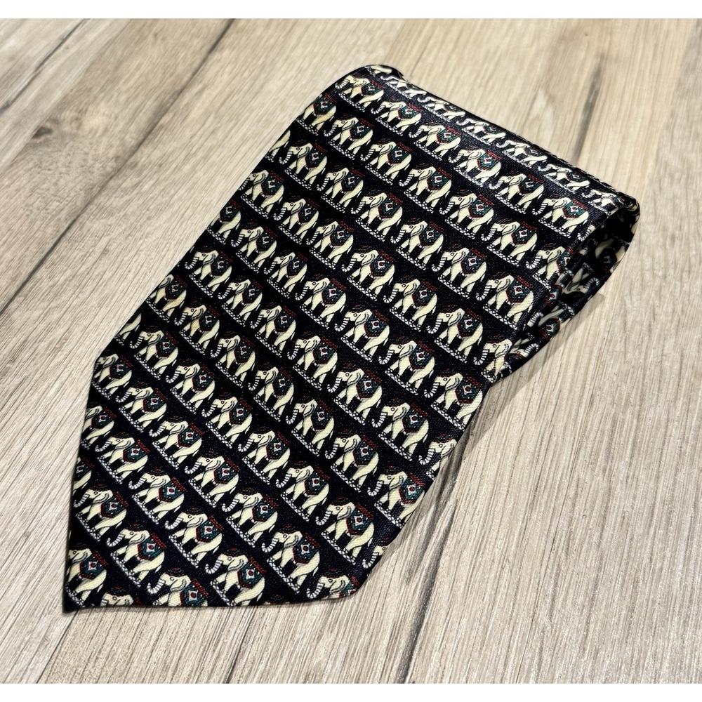 Rene Chagal Handmade Navy Blue Multi Elephant Animal Print Skinny Men's Tie